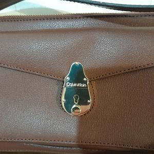 Calvin Klein Lock Leather Demi Shoulder Bag WalnutGold